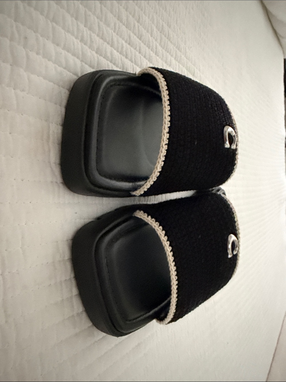 Coach Black Crochet Slide Sandals with Ivory Trim and Silver 'C' - Picture 3 of 6